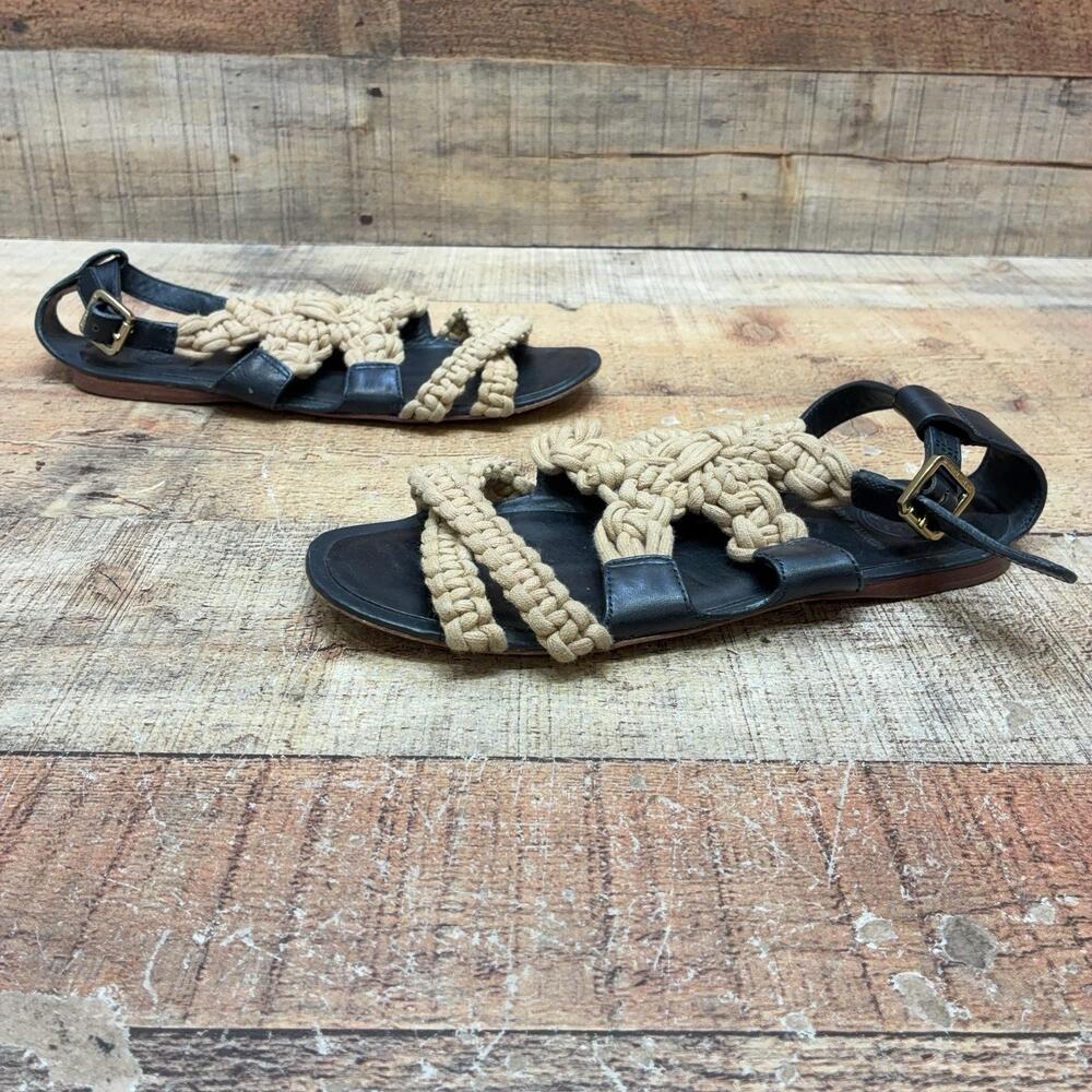Tory Burch Sandals Womens Size 7 37.5 Beige Leather Crochet Strappy Boho Shoes